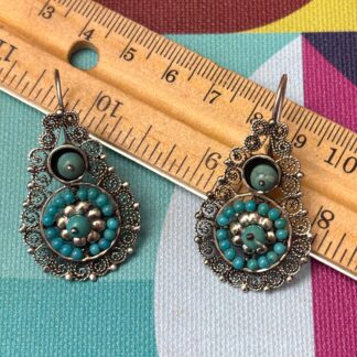 Earrings by Maria Belen Nilson ~ Ornate Filagree Silverwork with Turquoise Beads Drops