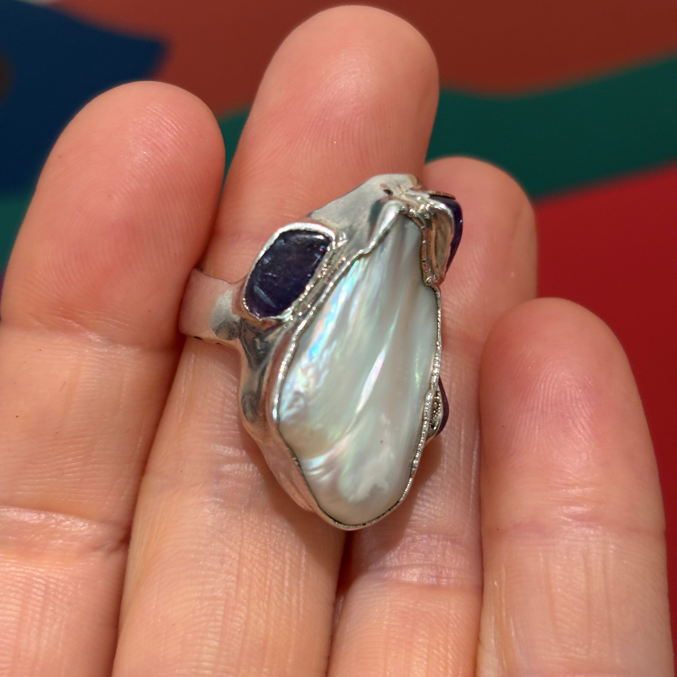 Steven Ruse Electroform Ring~ Freshwater Pearl and Tanzanite~ Size 7½+ - Image 8