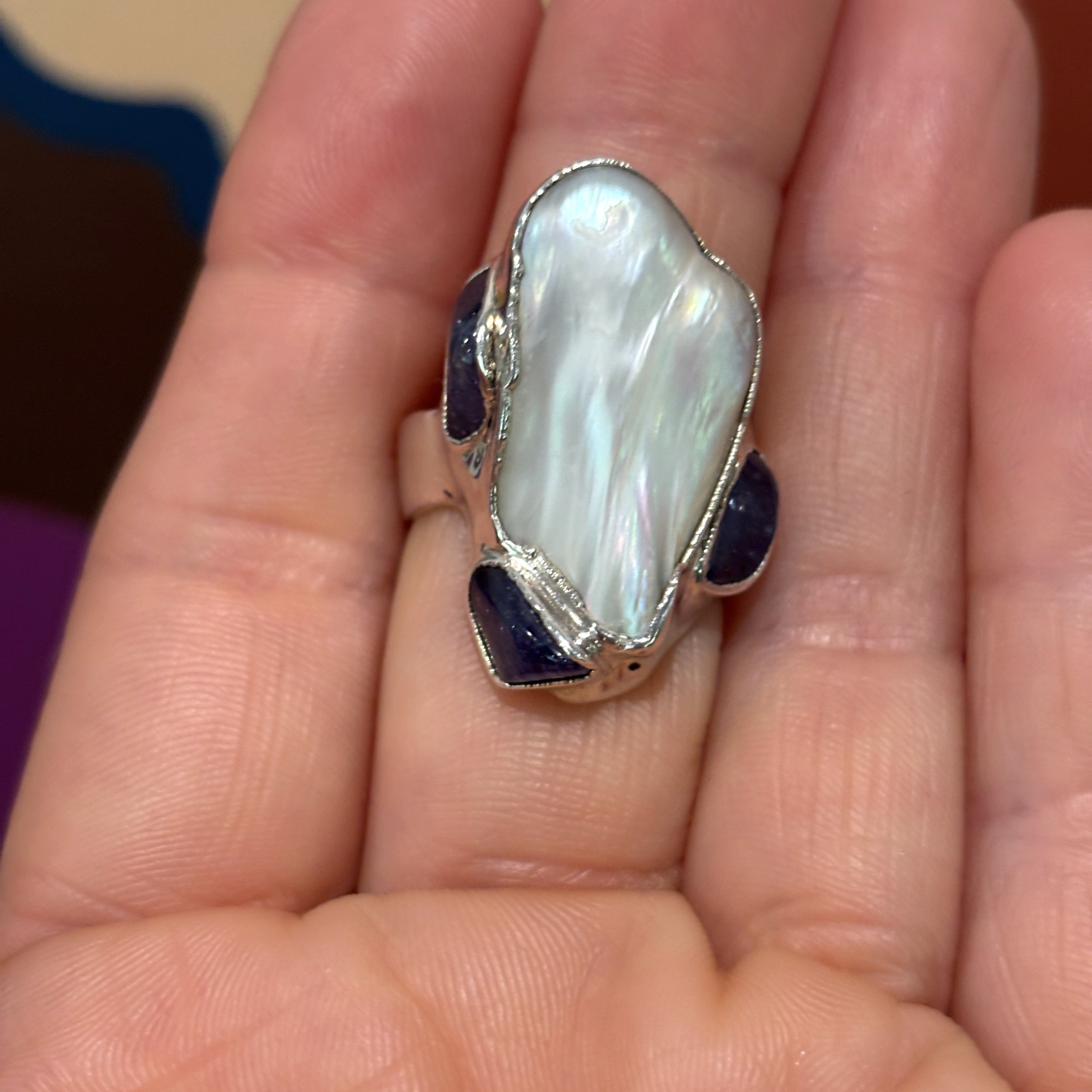 Steven Ruse Freshwater Pearl and Tanzanite Electroform Ring ~ Size 7½+ - Image 2