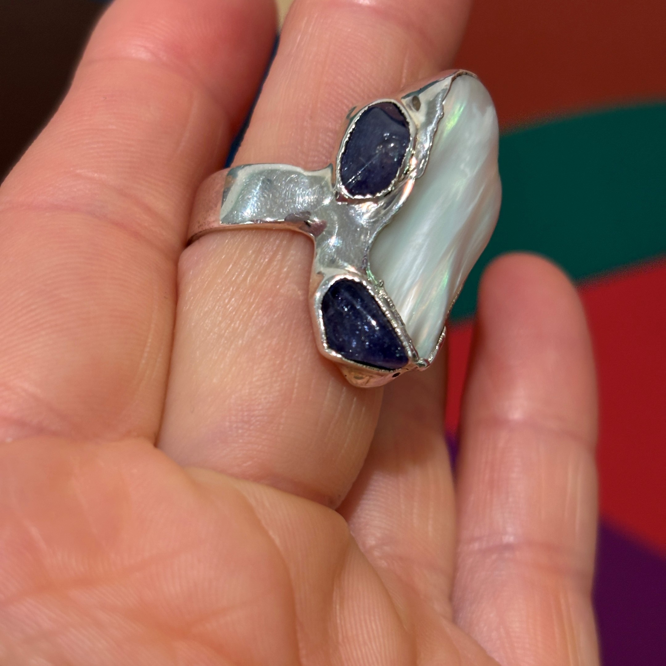 Steven Ruse Freshwater Pearl and Tanzanite Electroform Ring ~ Size 7½+ - Image 3