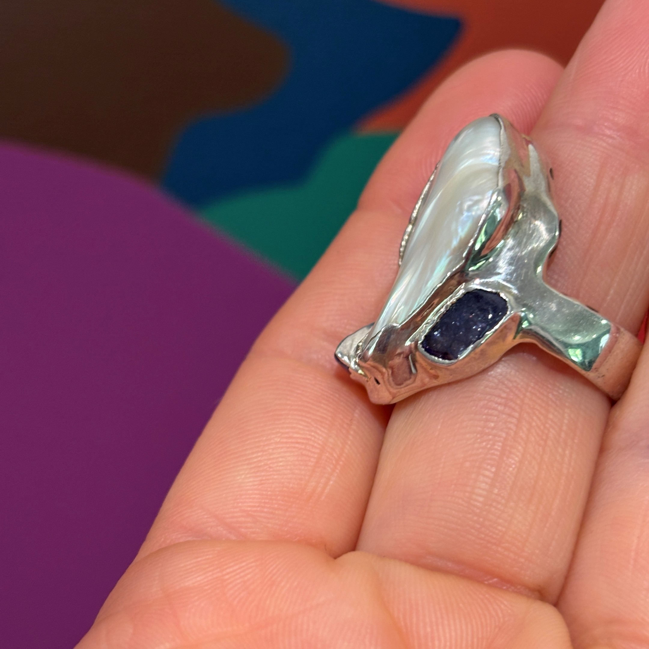 Steven Ruse Freshwater Pearl and Tanzanite Electroform Ring ~ Size 7½+ - Image 4