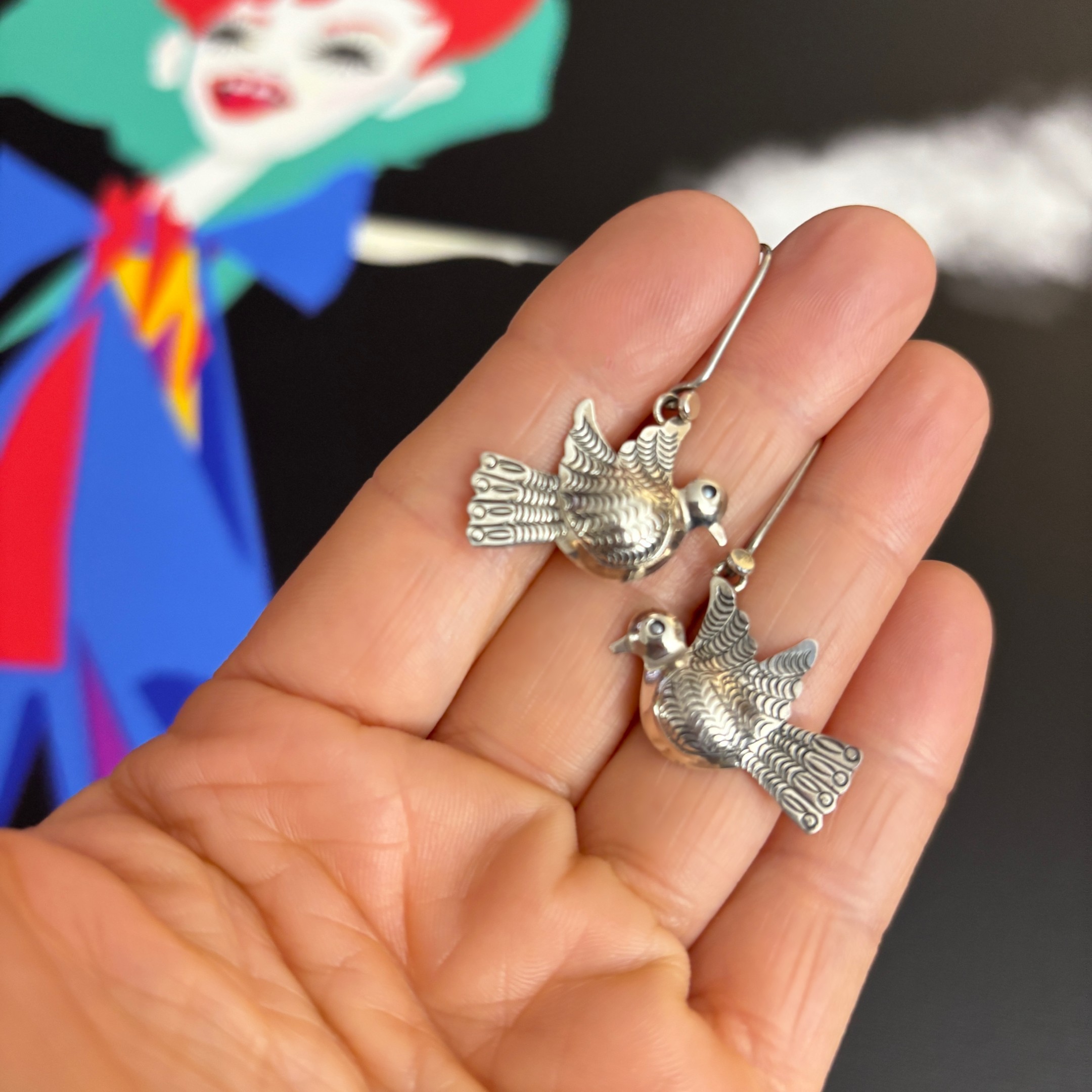 Bird Earrings by Maria Belen Nilson ~ Small Chiseled Love Birds Drops - Image 2