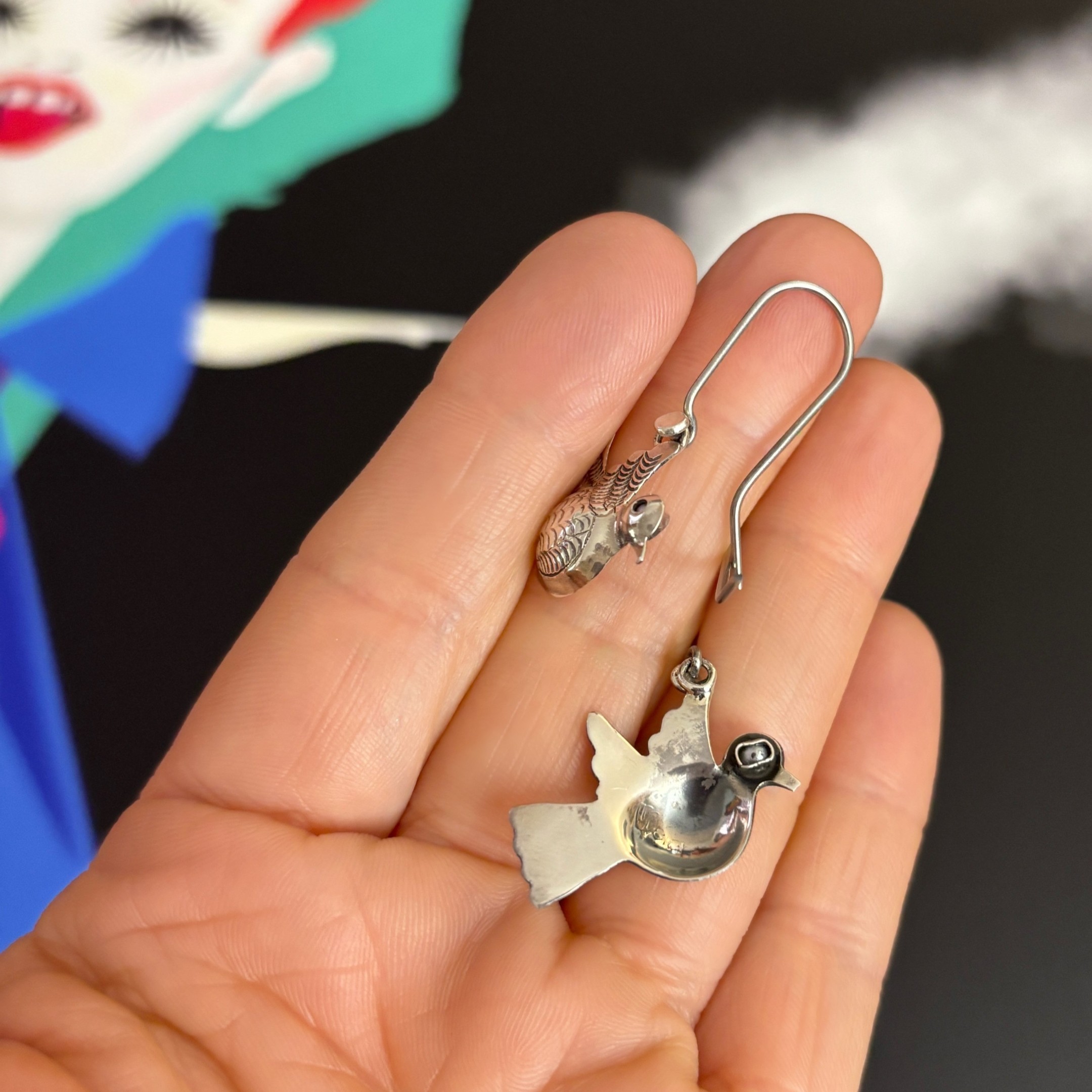 Bird Earrings by Maria Belen Nilson ~ Small Chiseled Love Birds Drops - Image 3