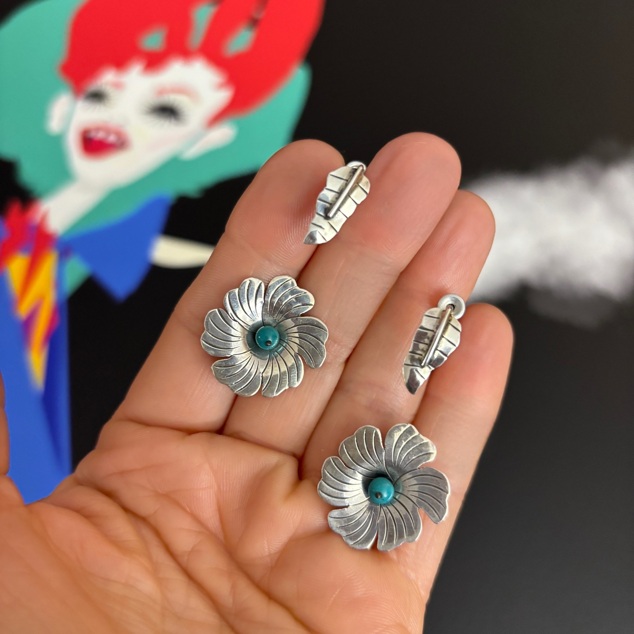 Maria Belen Nilson ~ Leaf and Etched Flower with Turquoise Post Earrings