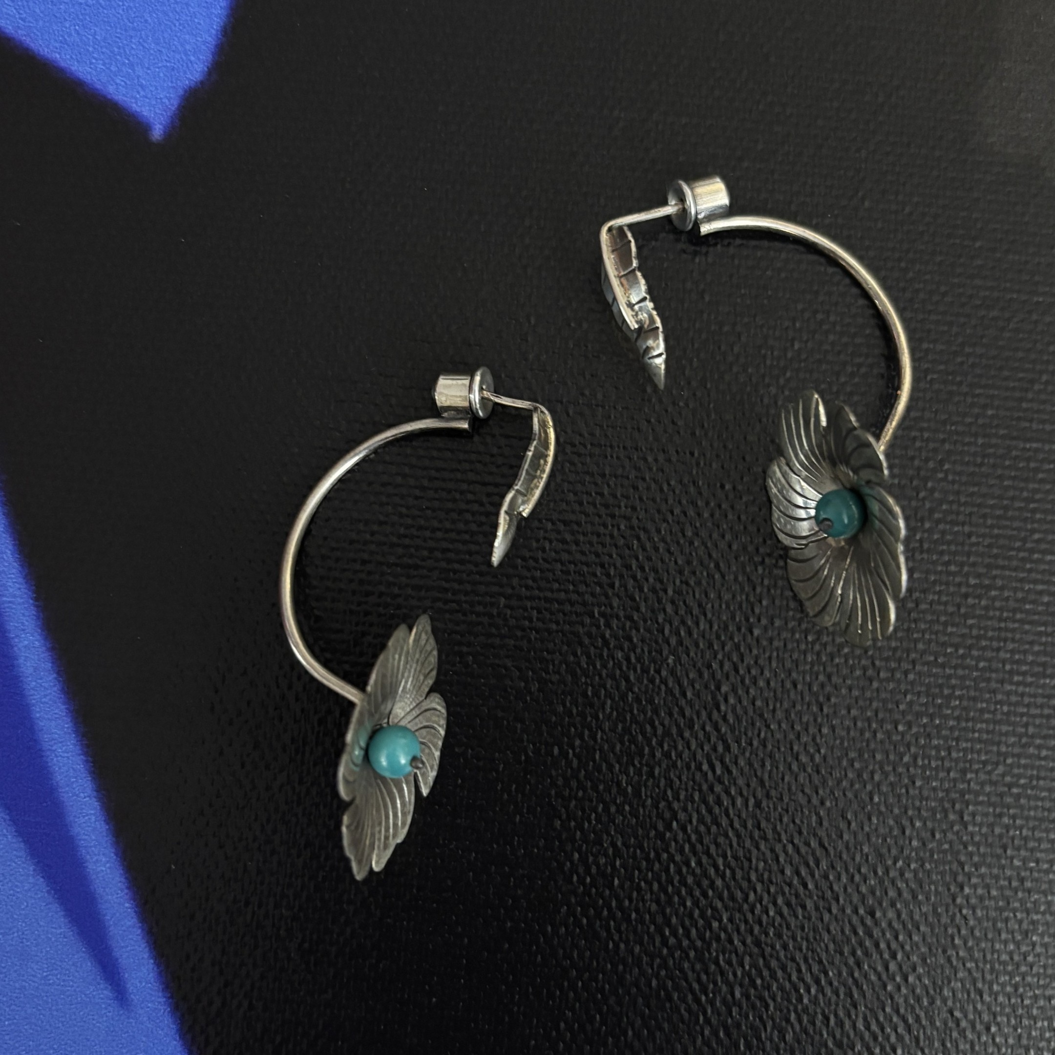 Maria Belen Nilson ~ Leaf and Etched Flower with Turquoise Post Earrings - Image 4