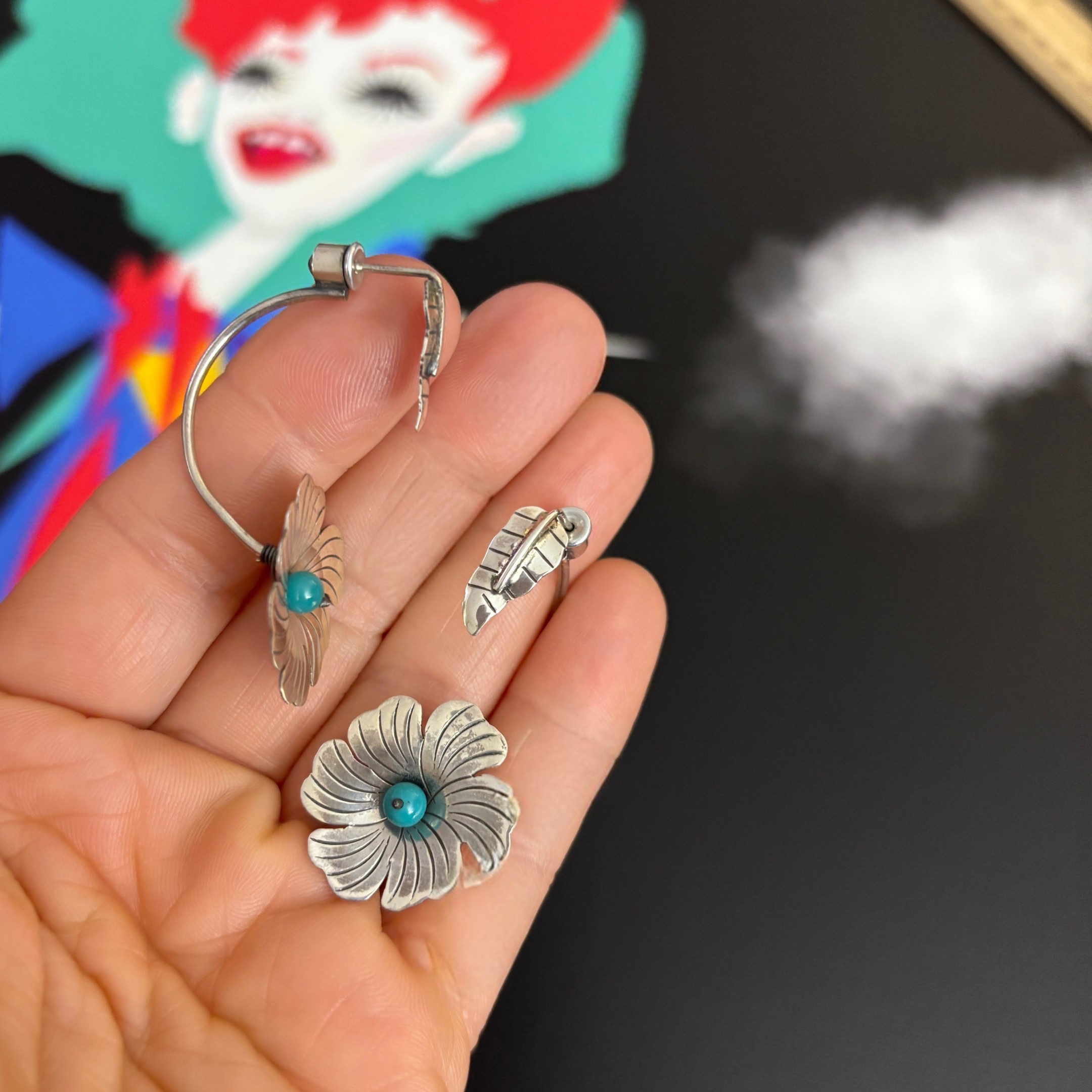 Maria Belen Nilson ~ Leaf and Etched Flower with Turquoise Post Earrings - Image 2