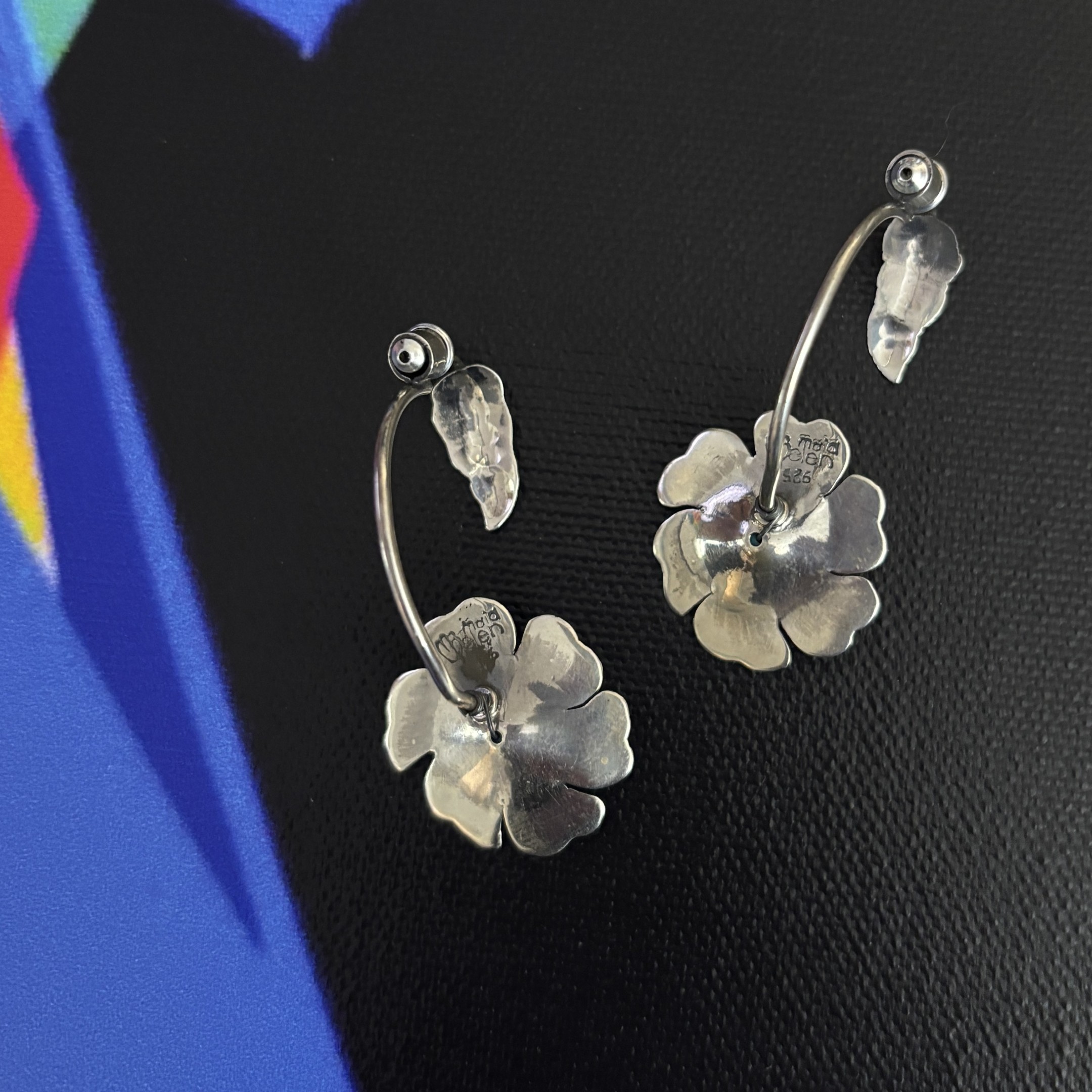 Maria Belen Nilson ~ Leaf and Etched Flower with Turquoise Post Earrings - Image 3