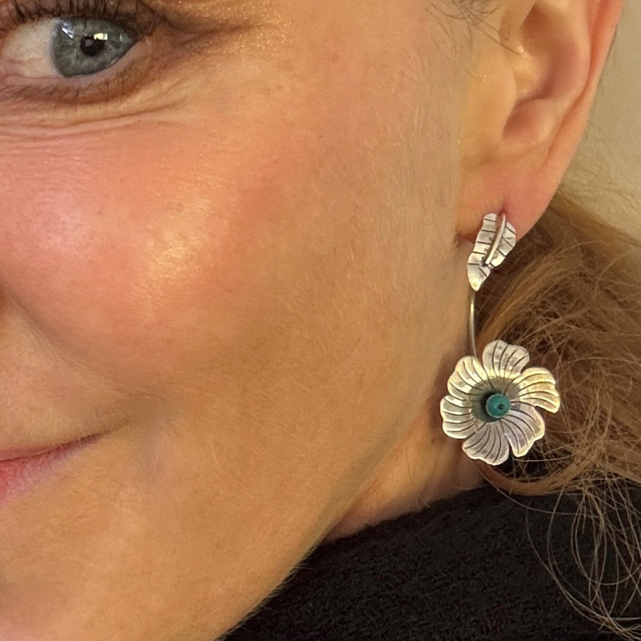 Maria Belen Nilson ~ Leaf and Etched Flower with Turquoise Post Earrings - Image 7