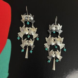 Bird Earrings by Maria Belen Nilson ~ Chiseled Love Birds with Turquoise Beads Drops