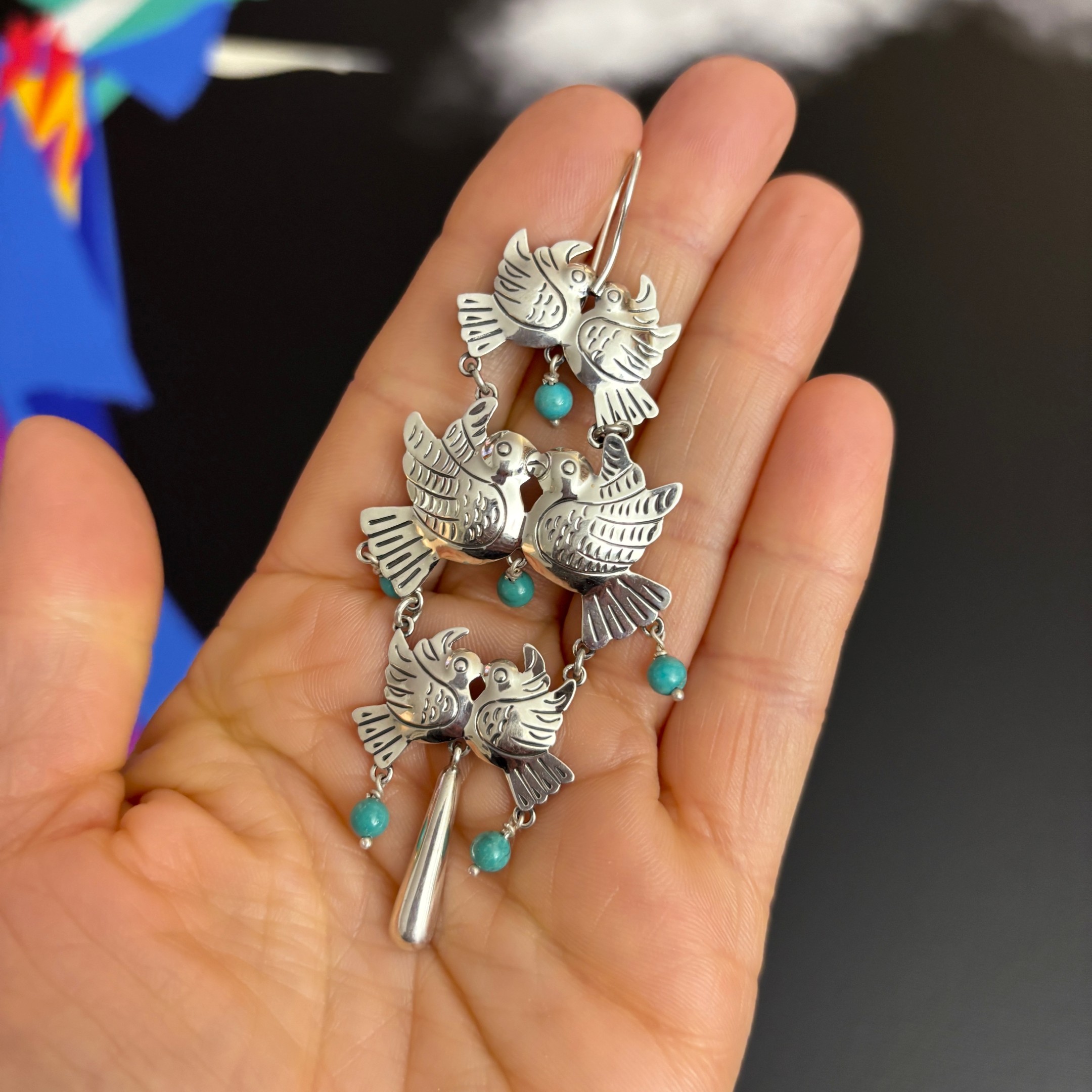 Bird Earrings by Maria Belen Nilson ~ Chiseled Love Birds with Turquoise Beads Drops - Image 2