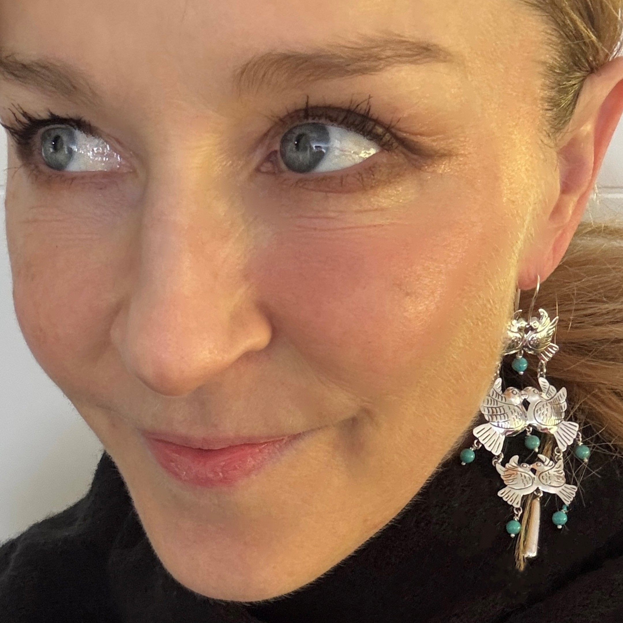 Bird Earrings by Maria Belen Nilson ~ Chiseled Love Birds with Turquoise Beads Drops - Image 6