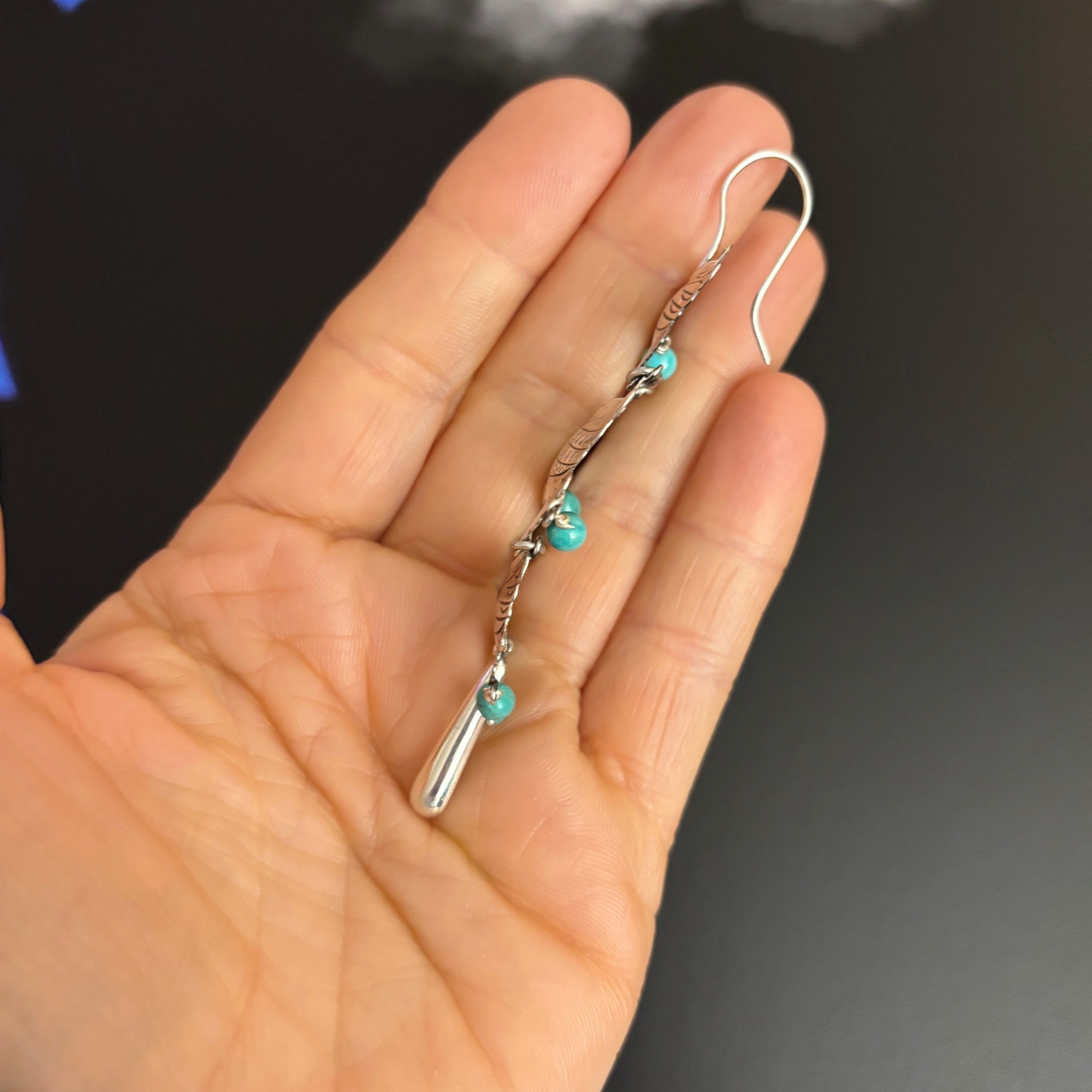 Bird Earrings by Maria Belen Nilson ~ Chiseled Love Birds with Turquoise Beads Drops - Image 3