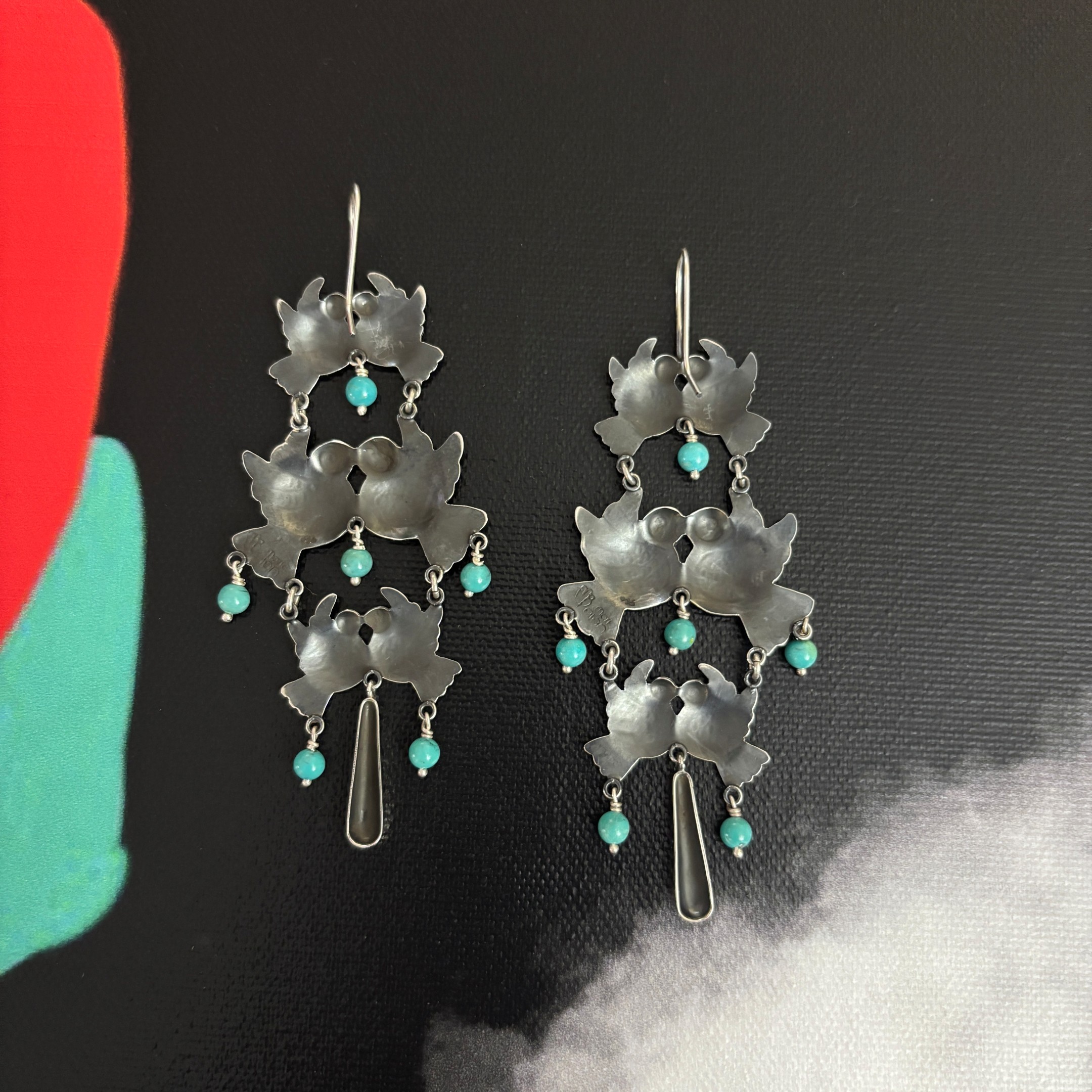Bird Earrings by Maria Belen Nilson ~ Chiseled Love Birds with Turquoise Beads Drops - Image 4