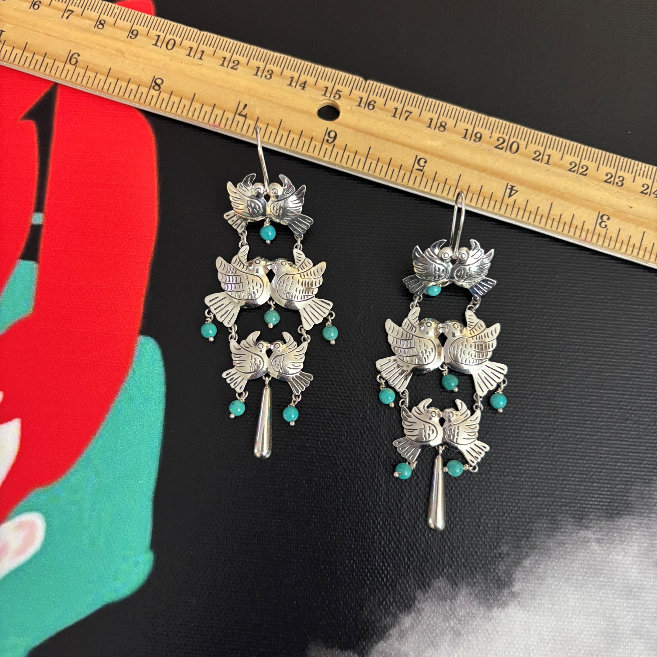 Bird Earrings by Maria Belen Nilson ~ Chiseled Love Birds with Turquoise Beads Drops - Image 5