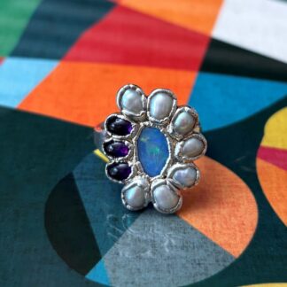 Steven Ruse Boulder Opal, Fresh Water Pearl, and Amethyst Electroform Ring ~ Size 8+