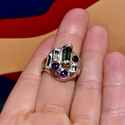 Steven Ruse Amethyst and Green Tourmaline Electroform Ring~ Size 8