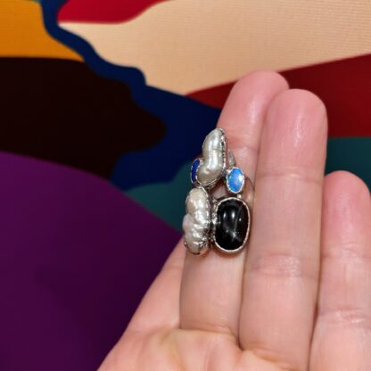 Steven Ruse Boulder Opal Doublets, Black Diopside, and Fresh Water Pearl Electroform Ring~ Size 6 - Image 2