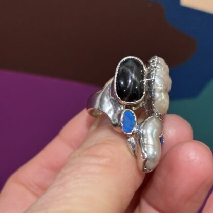 Steven Ruse Boulder Opal Doublets, Black Diopside, and Fresh Water Pearl Electroform Ring~ Size 6 - Image 3