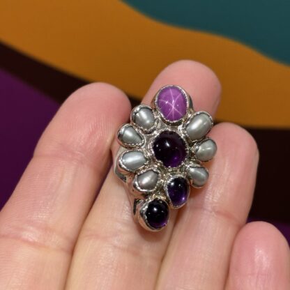 Steven Ruse Star Ruby, Fresh Water Pearl, and Amethyst Electroform Ring~ Size 6 ¾