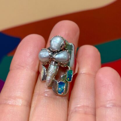 Steven Ruse Boulder Opal and Fresh Water Pearl Electroform Ring ~ Size 7+